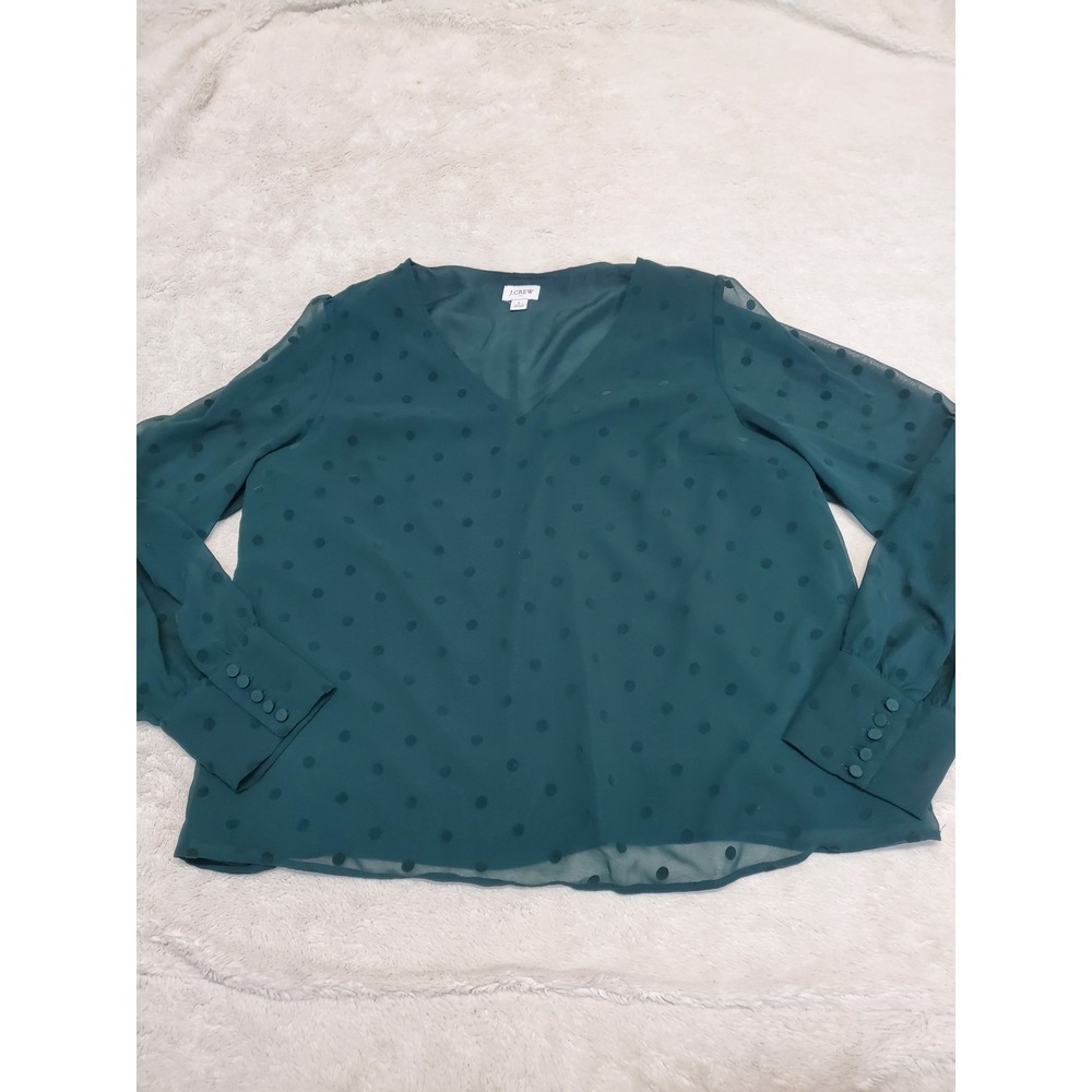 J. Crew Emerald Green Polka Dot Sheer Flowy Long Sleeve Blouse Top Large Classic
